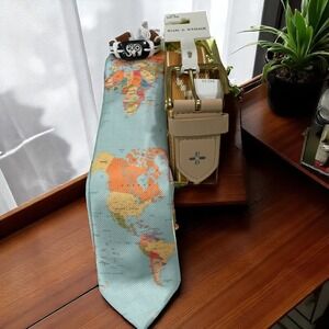 World Map Necktie Tan Woven Belt Elephant Bracelet Gift Set Men Travel Style‎